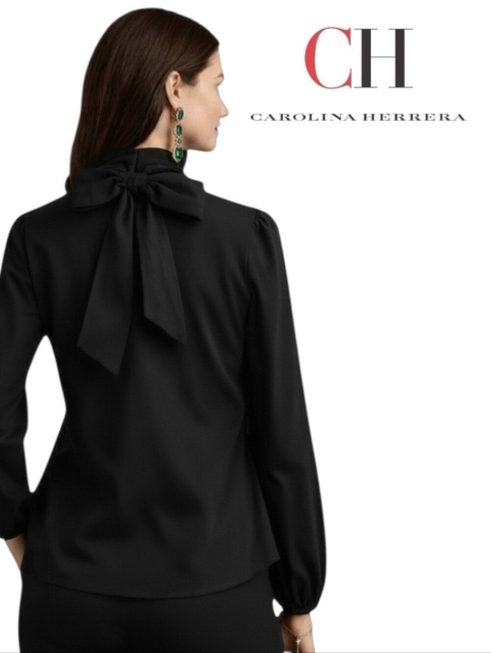 Carolina Herrera Black Mock Neck Tie Back Top Blouse Luxury Workwear Sz XL